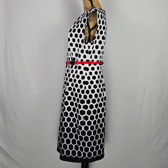 Connected Apparel Black White Honeycomb Sheath Dress Red Belt Geometric‎ 14 - Picture 2 of 12
